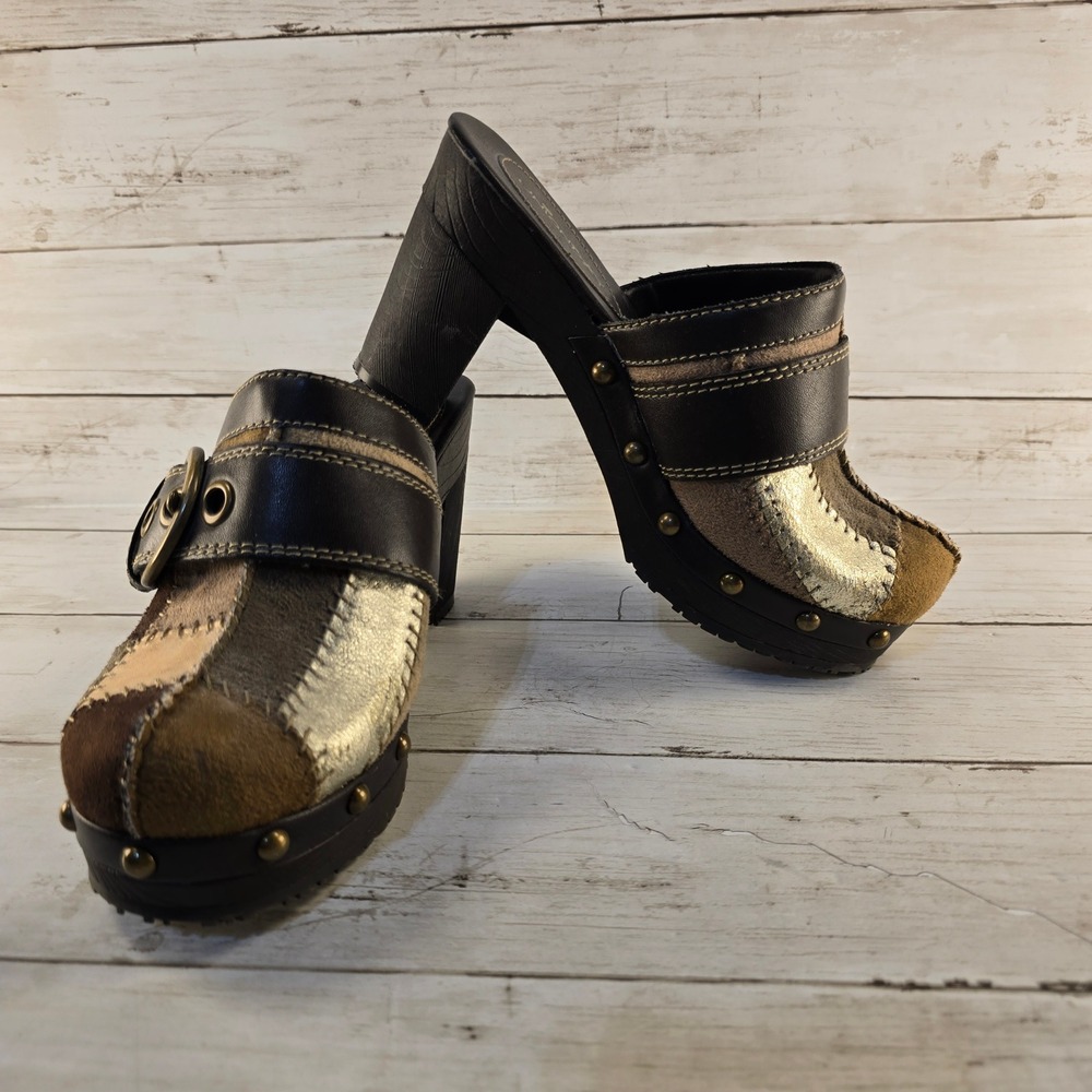 Y2K Unionbay Park-U Patchwork Clogs Brown Gold Metallic Studded Mules Womens 6M